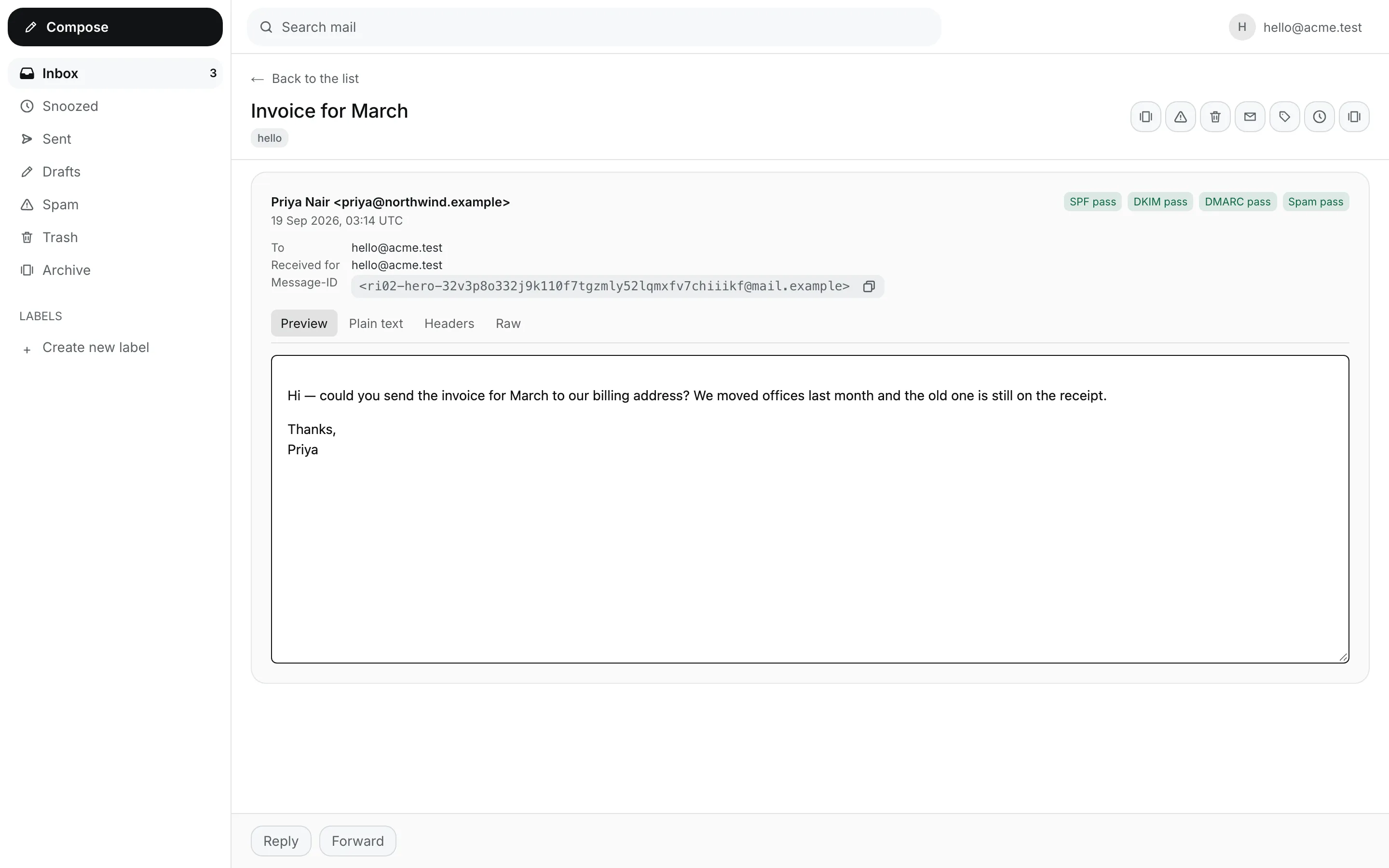The Rasket Inbox: the Inbox folder of a shared mailbox, with one conversation open